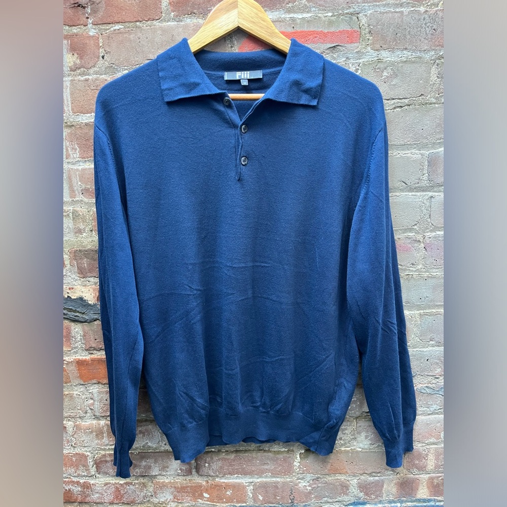 Fiii Sweater Men Size M Blue Wool Pullover Buttons Collared Long Sleeve